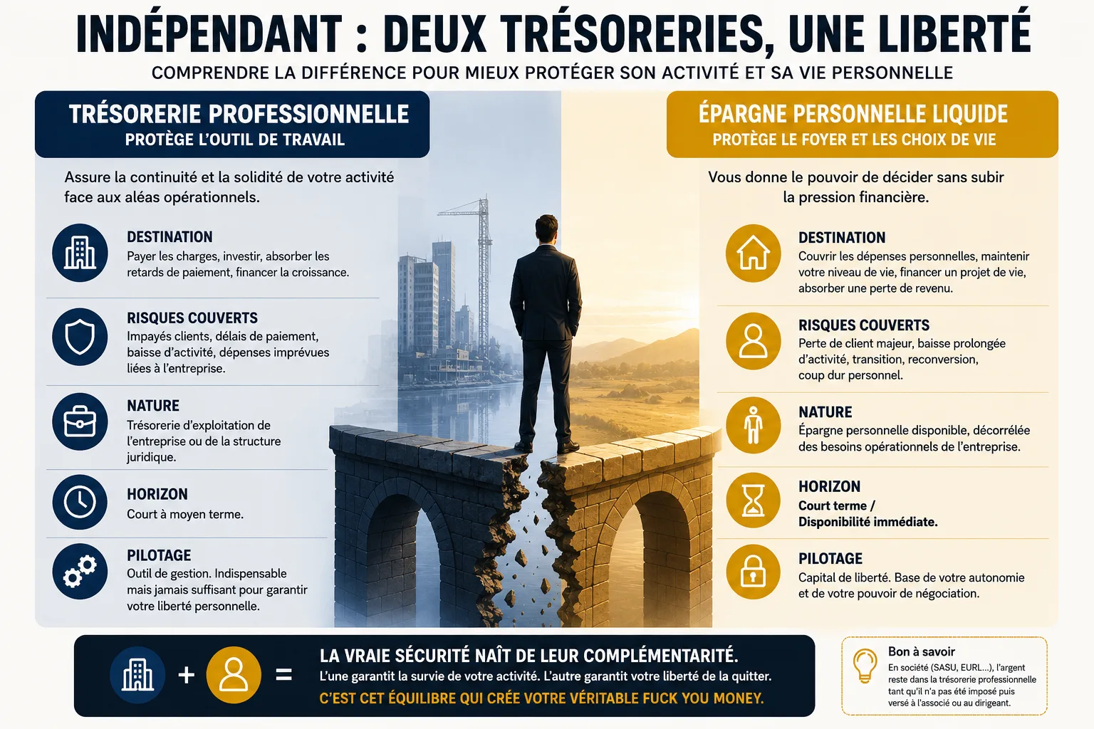 Infographie FYMC détaillant la différence entre trésorerie professionnelle et épargne personnelle pour les indépendants