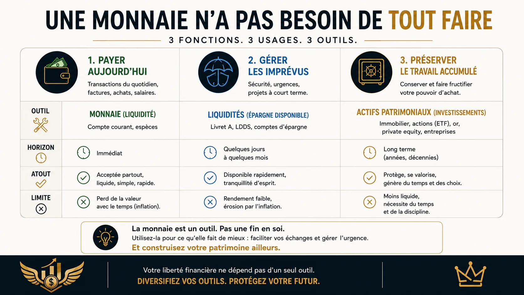 Une erreur fréquente consiste à attendre de la monnaie qu’elle remplisse toutes les fonctions à la fois. Ce schéma résume l’idée centrale de l’article. Les trois fonctions de la monnaie expliquées simplement